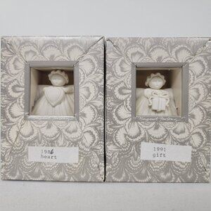 Margaret Furlong Lot of 2 Ornaments Heart 1986 & Gift 1991 in box ~3" Tall